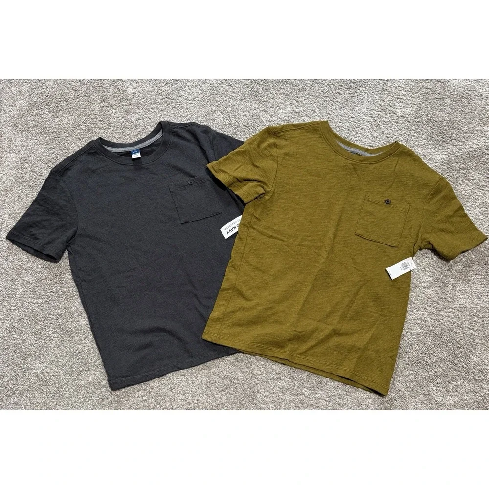 Lot of 2 NWT Old Navy Youth Boys Textured-Knit Pocket T-Shirts Dark Gray & Green